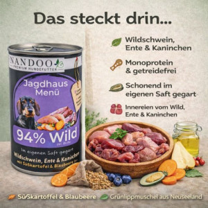 NANDOO Jagdhaus Menü – Wildschwein, Ente, Kaninchen& Grünlippmuschel 400g