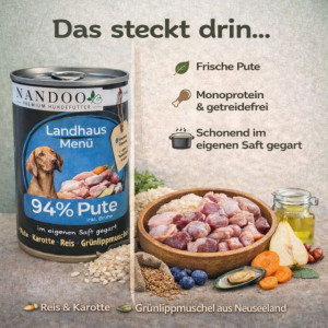 NANDOO Landhaus Menü – Pute mit Reis, Karotte & Grünlippmuschel 800g